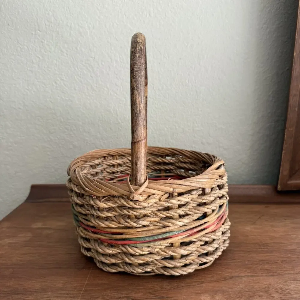 Vintage Brown Natural Woven Ratten Storage Basket Medium Round With Handle